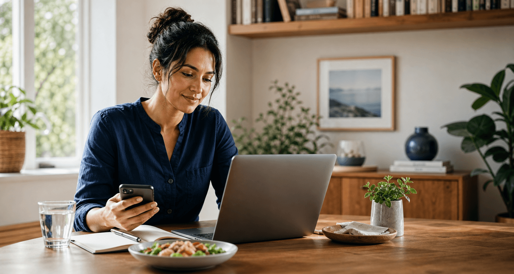 Adult using HealthClear-style wellness education at home with a laptop and phone.