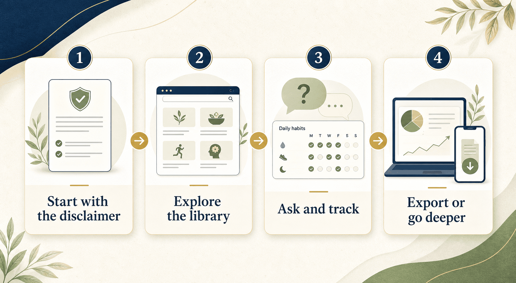 Four-step infographic describing how the platform guides users from disclaimer to deeper features.