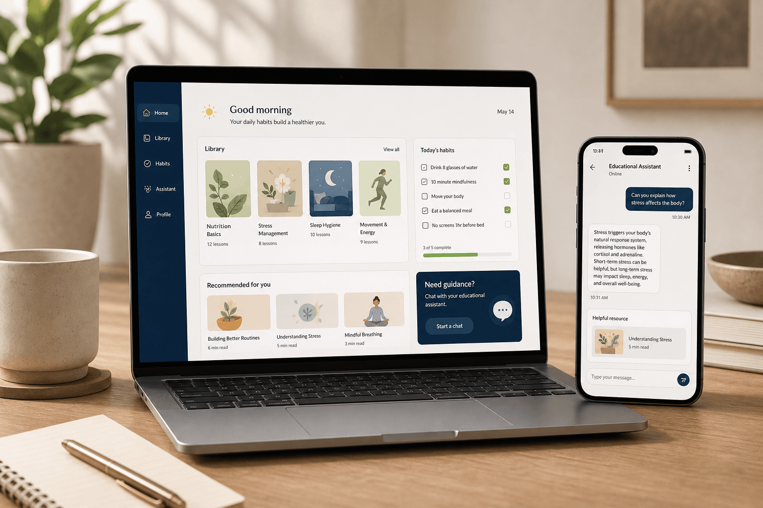 Laptop and phone showing a wellness education experience with library, habits, and assistant tools.